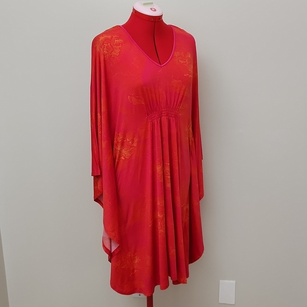 Natori Coral Pink Floral Lounge Dress Caftan Nightgown Size Small